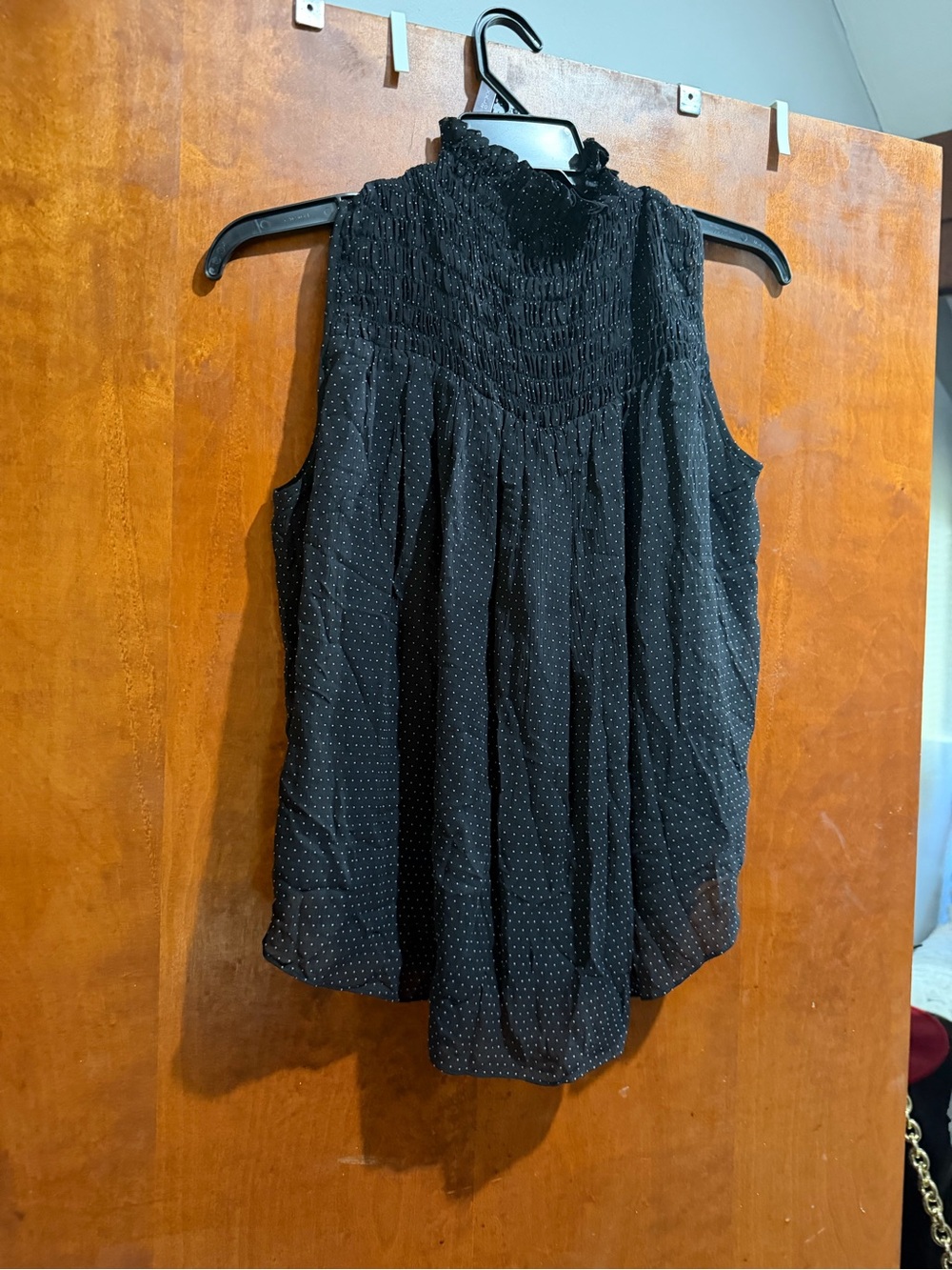 Frame Denim Black Polka Dot Smocked Neck Sleeveless Top